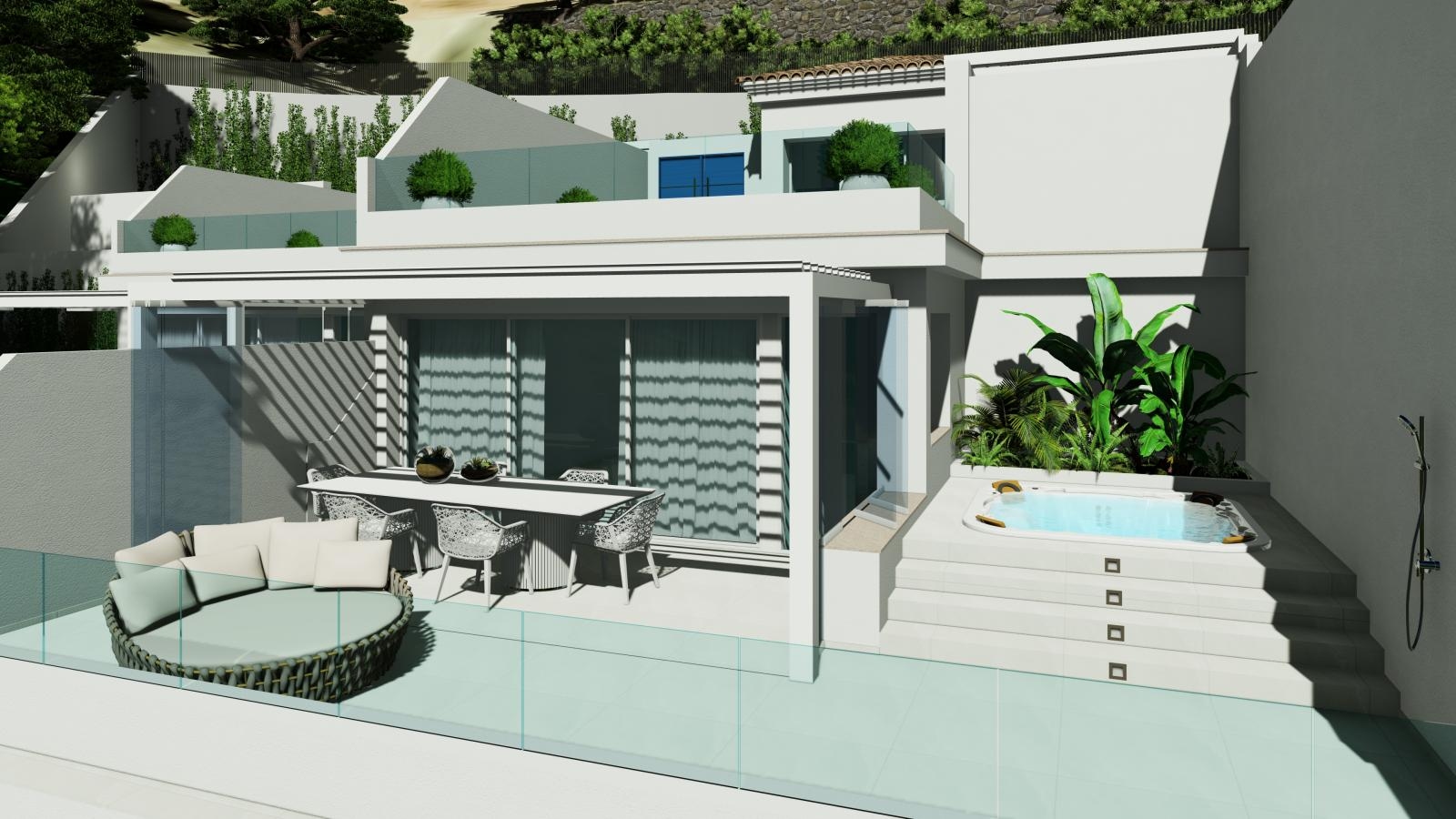 Moderna y lujosa casa adosada con piscina privada de hidromasaje y jardín